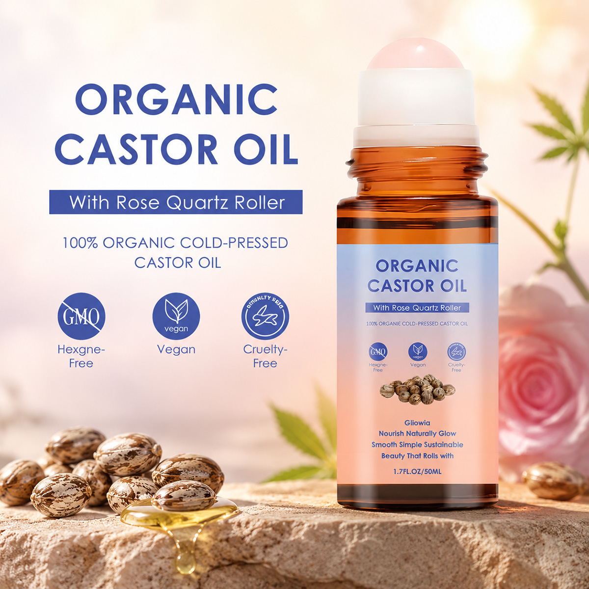 Castor Oil Cold Press - Organik Hint Yağı Gül Kuvars Roll-on,